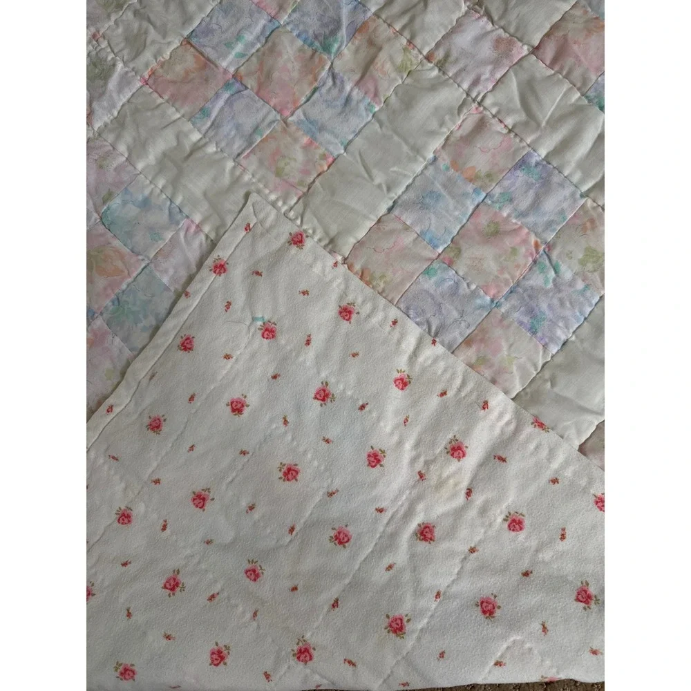 Handmade Vintage Pastel Patchwork Baby Quilt Floral Flannel Reversible 42x42